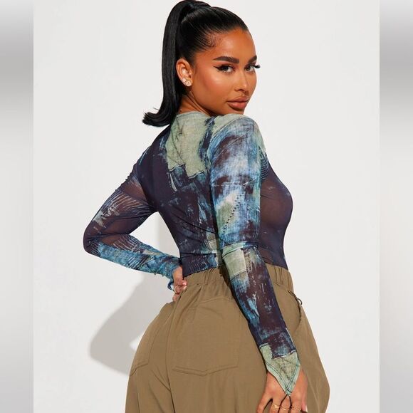 So Impressed Blue/combo Sheer Abstract Long Sleeve Bodysuit - Picture 4 of 4